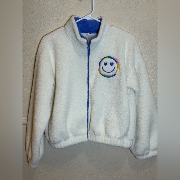 Old Navy Other - Old Navy Girls White Fleece Sherpa Jacket Embroidered Rainbow Smiley XL 14-16